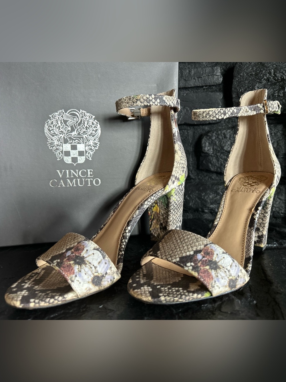 Vince Camuto Floral Snake-Print Ankle Strap Heels - Neutral Multi